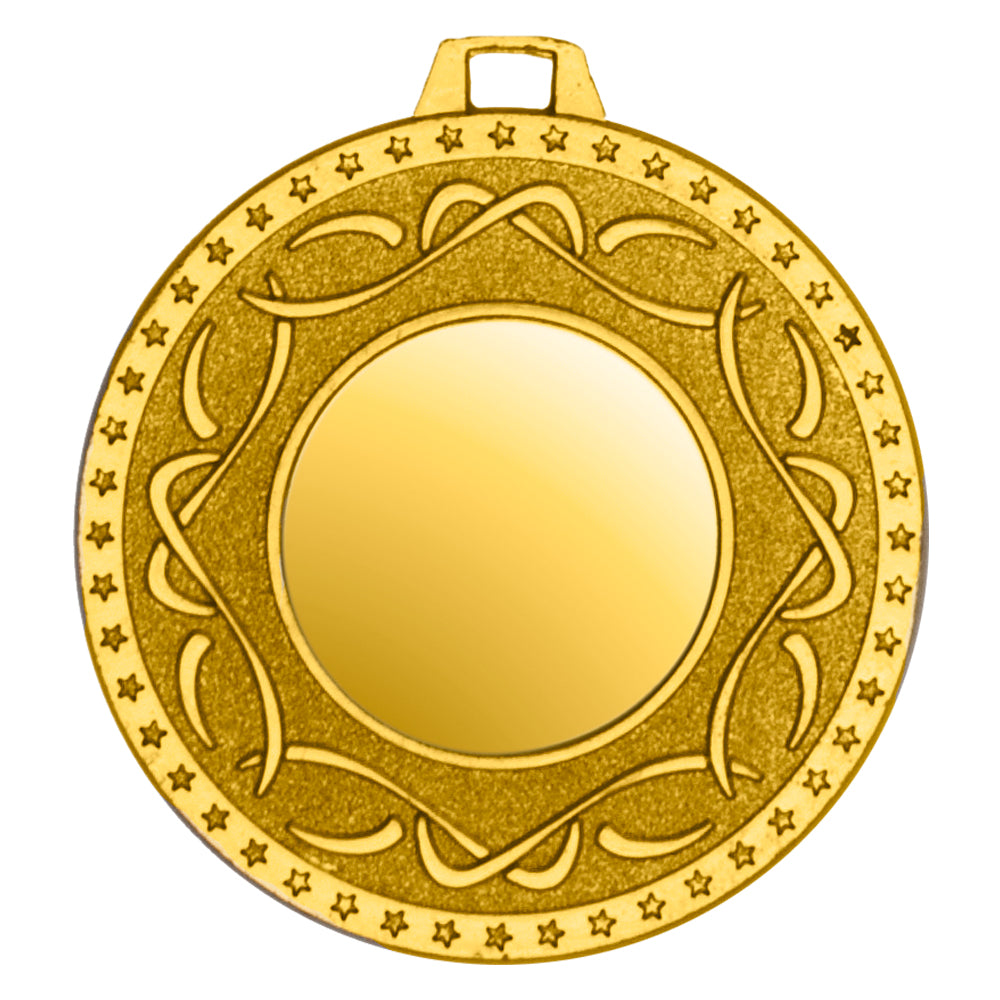 Wir präsentieren die Medaillen Gütersloh 50 mm PK79178g-E25: eine Goldmedaille mit runder Einlage und einem dekorativen Rand aus ineinander verschlungenen Mustern und Sternen, die ein exklusives Design aus hochwertigem Material zur Schau stellt.