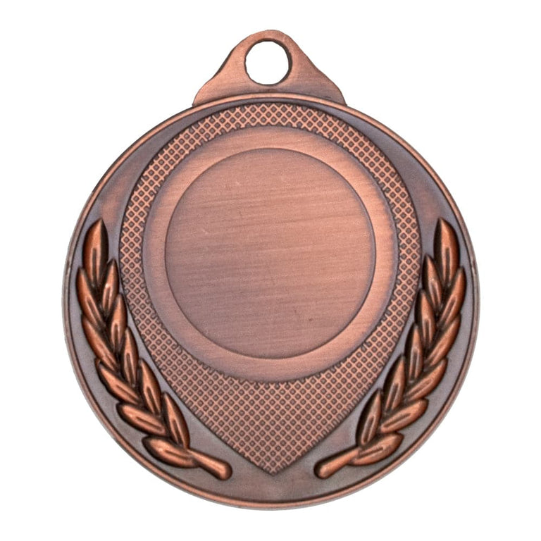 Bronzefarbene Medaille mit Lorbeerzweigen, leerer runder Mitte und einem Loch oben zur Bandbefestigung. Medaillen Gera 50 mm von POMEKI.