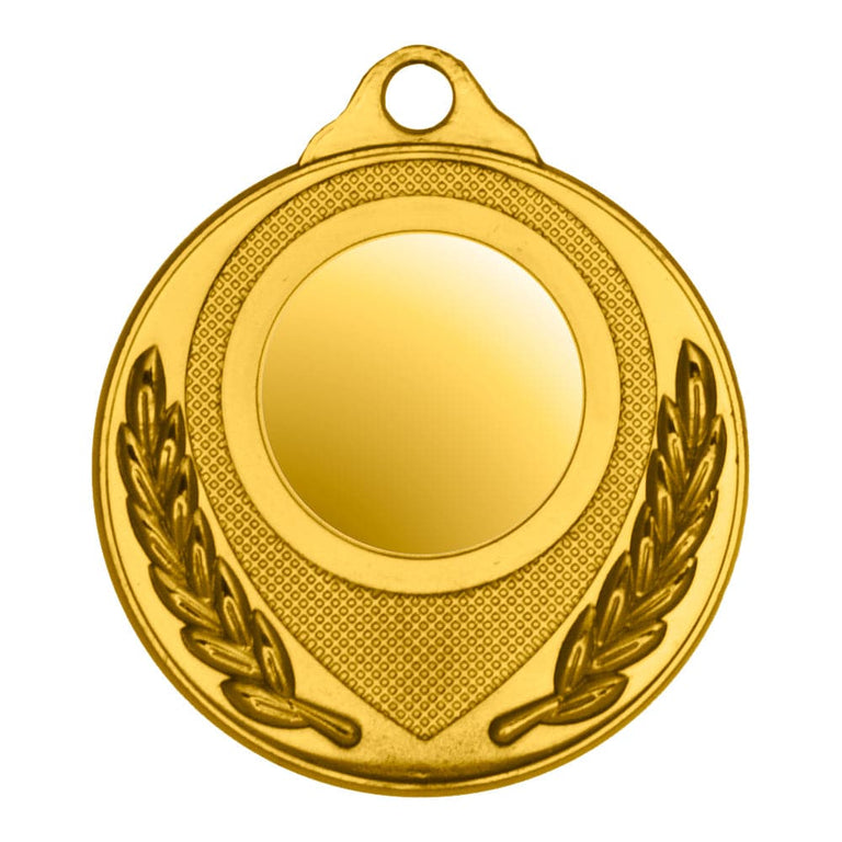 Eine Goldmedaille mit einer leeren, runden Mitte und Lorbeerkranz-Akzenten auf beiden Seiten, die das exklusive Design von Medaillen Gera 50 mm zeigt.