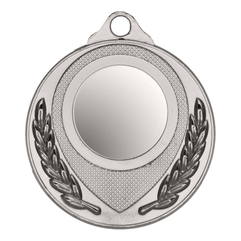Runde Silbermedaille mit Lorbeerblattgravuren beidseitig um eine leere Mitte, oben eine Schlaufe zur Befestigung. Medaillen Gera 50 mm von POMEKI.