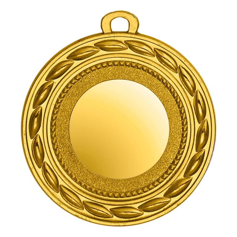 Die Medaillen Hildesheim 50 mm ist eine aus erstklassigen Materialien gefertigte Goldmedaille mit glatter Mitte und einem dekorativen geprägten Rand mit Lorbeerblattmuster, der ein exklusives Design aufweist.