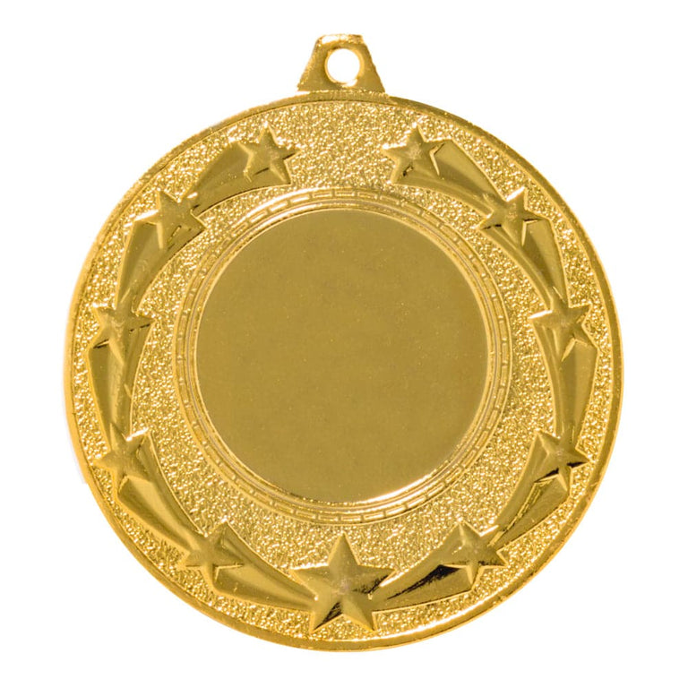 Goldmedaille mit einer Schlaufe zum Aufhängen, geprägt mit Sternen und einem strukturierten Design um eine leere Mitte, mit einem exklusiven Design, perfekt für jedes Erinnerungsstück. Medaillen Remscheid 50 mm