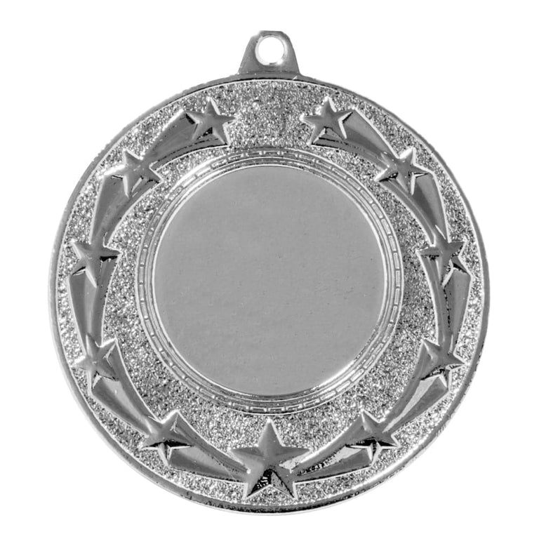 Eine Medaillen Remscheid 50 mm mit exklusivem Design, mit einem leeren Mittelfeld umgeben von geprägten Sternen auf einem glitzernden kreisförmigen Rand, was es zu einem perfekten Erinnerungsstück macht.