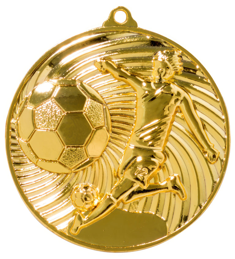 Die Fußballspieler Medaillen Erfurt 50 mm sind eine goldfarbene Medaille mit einem erhabenen Design eines Fußballspielers, der einen Ball kickt, gefertigt aus hochwertigem Material für ein exklusives Design.