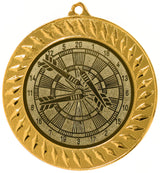 Thumbnail for Goldfarbene Medaille mit geprägter Dartscheibe samt Zahlenring und drei Pfeilen, umlaufend gemusterter Rand. Medaillen Bochum 70 mm von POMEKI.
