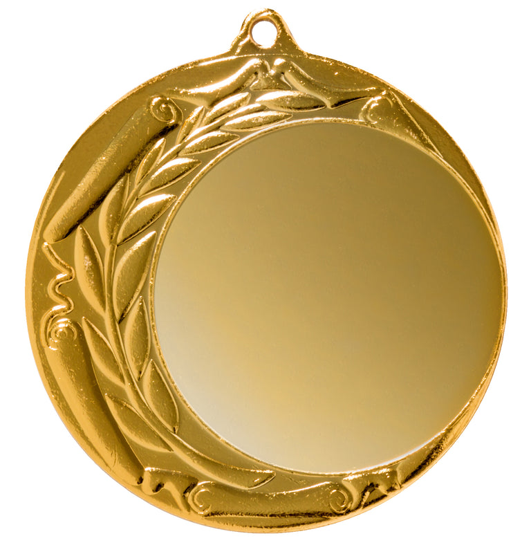 Die Medaillen Wuppertal 70 mm sind eine Goldmedaille mit einer glatten, leeren Mitte, umgeben von einem dekorativen Lorbeerkranzmuster, das exklusives Design aus hochwertigem Material veranschaulicht.