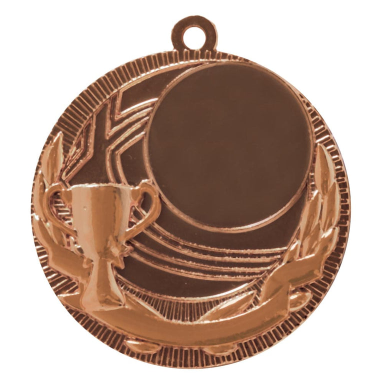 Bronzefarbene Medaille mit leerer runder Mitte, Pokal-Relief links, Lorbeerzweigen und Schlaufe oben. Medaillen Kaiserslautern 50 mm von POMEKI.