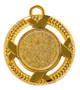 Thumbnail for Die Medaillen Bergisch Gladbach 45 mm ist eine runde Goldmedaille mit exklusivem Design und einer blanken glitzernden Mitte, mit einem gewebten Muster und einer Schlaufe an der Oberseite zum Befestigen eines Bandes oder einer Kette. Diese aus hochwertigem Material gefertigte Medaille ist perfekt für jeden Anlass.