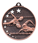 Thumbnail for Die Schwimmen Medaillen Halle 52 mm ist eine bronzene Schwimmmedaille, die zwei Schwimmer im Freistil zeigt, umgeben von Sternen, aus hochwertigem Material gefertigt und mit einem exklusiven Design ausgestattet.