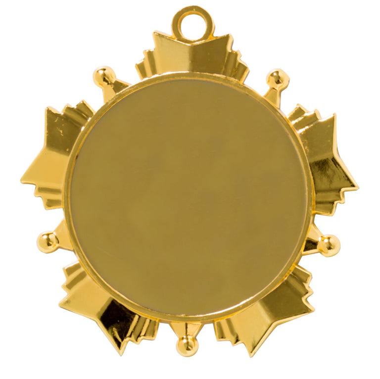 Goldfarbene Medaille mit leerer runder Mitte und sternförmig gezacktem Rand, Öse oben. Medaillen Heidelberg 70 mm von POMEKI.