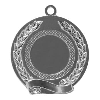 Silberne runde Medaille mit Lorbeerkranz am Rand, geriffelter leerer Mitte und Bandmotiv unten. Medaillen Witten 50 mm von POMEKI.