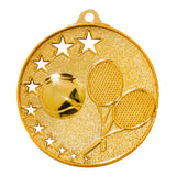 Thumbnail for Die Tennis-Medaillen Magdeburg 52 mm bestechen durch ein exklusives Design mit Tennisschlägern, einem Tennisball und Sternaussparungen, gefertigt aus hochwertigem Material.