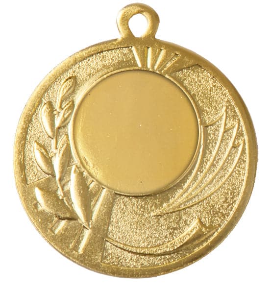 Goldmedaille mit leerer Mitte, Lorbeerzweig links und Strahlenmotiv rechts am Rand. Medaillen Flensburg 50 mm von POMEKI.