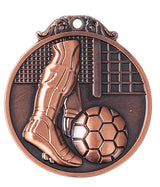 Thumbnail for Medaille mit Fußballbein und Balldesign vor einem Netzhintergrund. Fußballer Medaillen Hamm 45 mm von POMEKI.