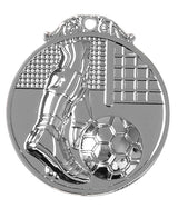 Thumbnail for Silberne Fußballmedaille: das Bein eines Spielers kickt einen Ball nahe Torpfosten und Netz. Fußballer Medaillen Hamm 45 mm von POMEKI.