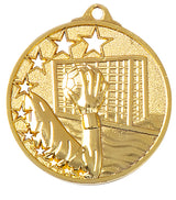 Thumbnail for Goldfarbene Medaille mit Sternen am linken Rand: eine Hand fängt einen Handball vor dem Tornetz. Handball Medaillen Duisburg 45 mm von POMEKI.