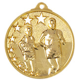 Thumbnail for Eine Goldmedaille mit dem Namen „Laufen Medaillen Braunschweig 45 mm “ mit zwei Läufern in Bewegung und einem Halbkreis aus Sternen auf der linken Seite, gefertigt mit exklusivem Design unter Verwendung hochwertiger Materialien.