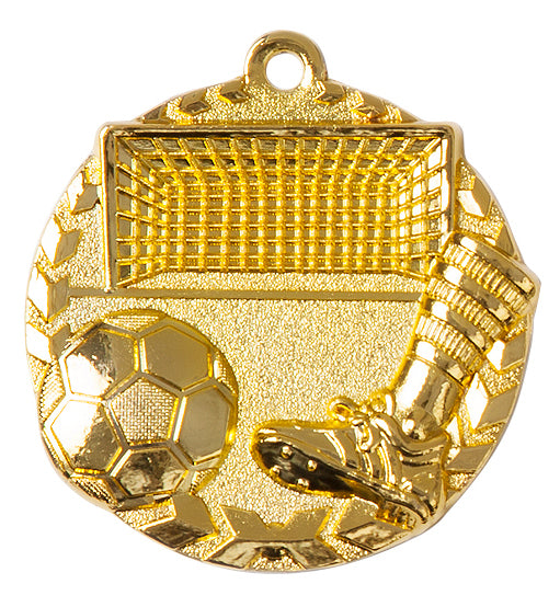 Das Fußballtor mit Ball Medaillen Saarbrücken 47 mm ist eine Goldmedaille mit einem Fußballtor, einem Fußball und einem Fuß in einem Fußballschuh, gefertigt aus hochwertigem Material für ein exklusives Design.
