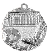 Thumbnail for Das „Fußballtor mit Ball Medaillen Saarbrücken 47 mm “ ist eine silberfarbene Medaille mit einem Fußball, einem Fußballschuh und einem Tornetz, gefertigt aus hochwertigem Material für ein exklusives Design.