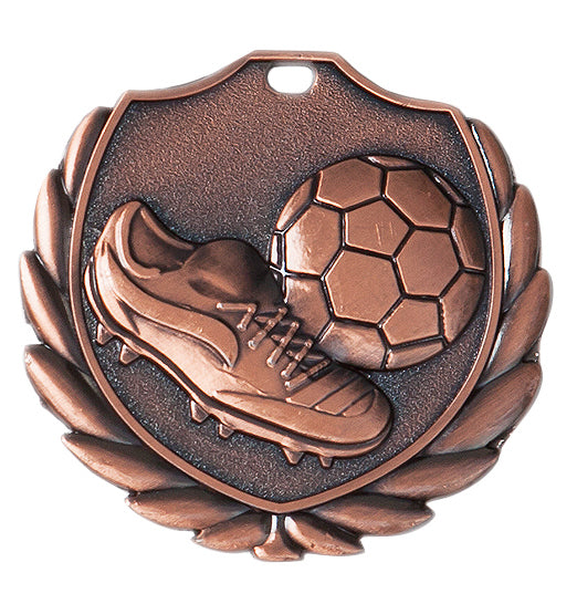 Diese bronzefarbenen Medaillen Potsdam zeigen einen Fußball und einen Fußballschuh, umgeben von einem Blattdesign an der Unterseite und einer Schildform im Hintergrund. Das exklusive Design aus hochwertigem Material macht die Medaille noch attraktiver.