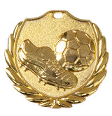 Thumbnail for Goldfarbene Medaille mit Fußballschuh und Ball vor Schildform, umrahmt von einem Lorbeerkranz. Fußballschuh mit Ball Medaillen Potsdam 49x48 mm von POMEKI.
