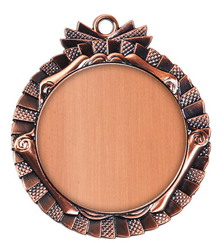 Eine bronzefarbene, kunstvoll gestaltete Medaillen Ratingen 70 mm mit leerer Mitte und einer kleinen Schlaufe oben zur Befestigung, perfekt als Auszeichnung oder Erinnerungsstück.