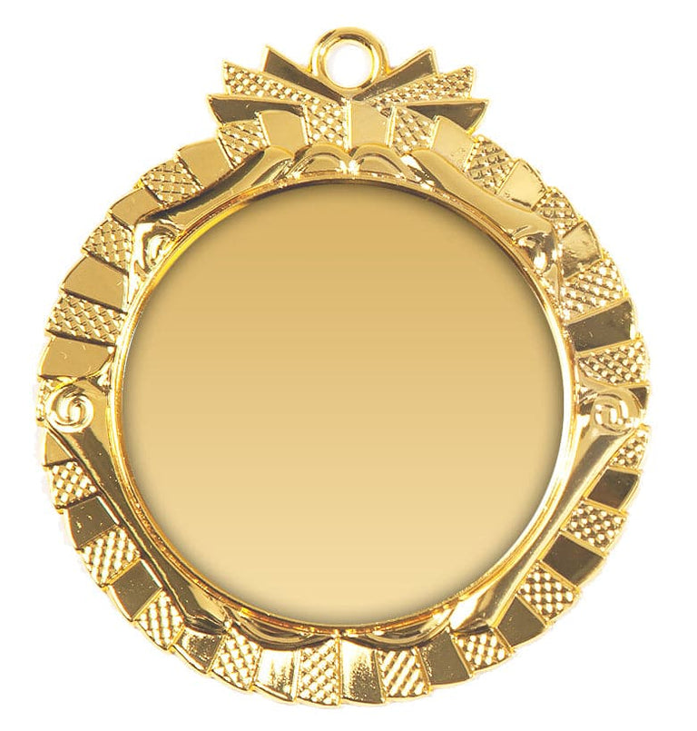 Eine Goldmedaille mit einer leeren, runden Mitte, die von einem dekorativen Muster eingefasst ist, und einer kleinen Schlaufe an der Oberseite zum Befestigen an einem Band oder einer Kette. Diese exquisite Medaillen Ratingen 70 mm dient als perfekte Auszeichnung für jede Leistung.