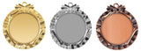 Drei runde Medaillen in Gold, Silber und Bronze mit verziertem Rand, Schleifenmotiv oben und leerer Mitte. Medaillen Ratingen 70 mm von POMEKI.