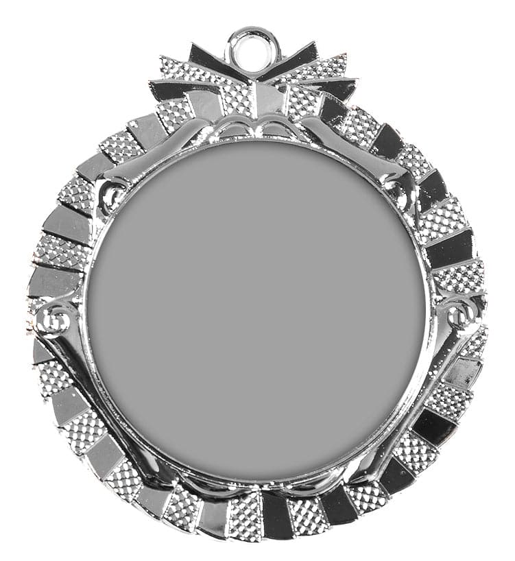 Eine runde, blanke silberne Medaille „Ratingen“ (70 mm) mit komplizierten Strukturmustern am Rand und einer kleinen Schlaufe zum Aufhängen an der Oberseite, was sie zu einem perfekten Erinnerungsstück macht.