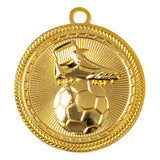 Thumbnail for Fußballschuh mit Ball Medaillen Mainz 70 mm: Goldmedaille mit Design eines Fußballschuhs über einem Fußball, umgeben von strukturiertem Rand. Von POMEKI.