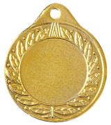 Thumbnail for Die Medaillen Pforzheim 40 mm sind eine Goldmedaille mit einem Lorbeerkranzmuster am Rand, gefertigt aus hochwertigem Material und mit einem exklusiven Design mit einem Loch an der Oberseite für ein Band.