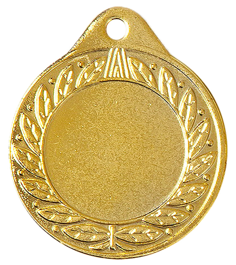 Die Medaillen Pforzheim 40 mm sind eine Goldmedaille mit einem Lorbeerkranzmuster am Rand, gefertigt aus hochwertigem Material und mit einem exklusiven Design mit einem Loch an der Oberseite für ein Band.