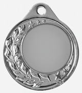 Thumbnail for Die Medaillen Koblenz 40 mm ist eine Silbermedaille mit Lorbeerblatt-Design und blanker Mitte, gefertigt aus hochwertigem Material zum Gravieren. Ihr exklusives Design umfasst eine runde Form mit einem kleinen Loch an der Oberseite zum Anbringen eines Bandes oder einer Kette.