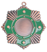 Thumbnail for Bronzemedaille mit runder Mitte, umrahmt von grünen Emailsegmenten und strahlenden Bronzelinien, oben eine kleine Schlaufe. Medaillen Solingen 65 mm von POMEKI.