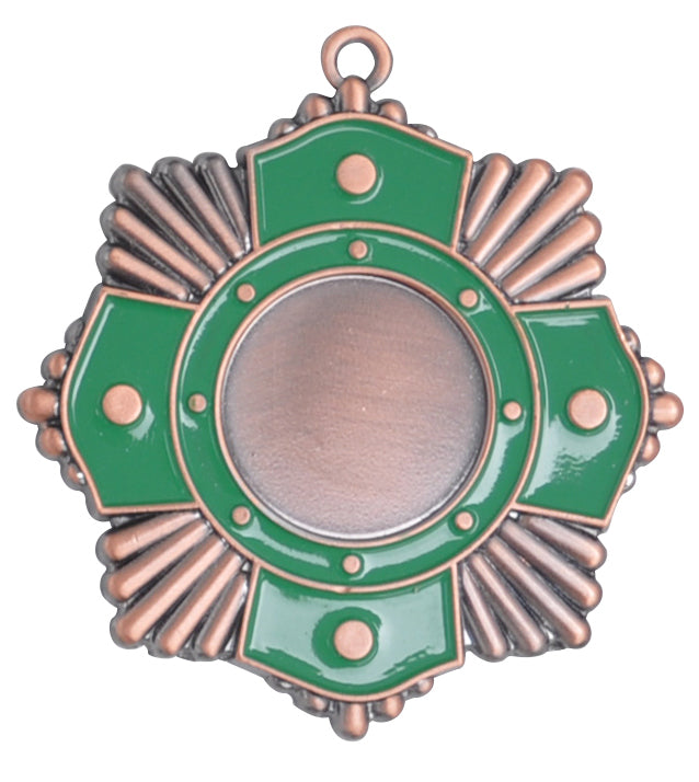 Bronzemedaille mit runder Mitte, umrahmt von grünen Emailsegmenten und strahlenden Bronzelinien, oben eine kleine Schlaufe. Medaillen Solingen 65 mm von POMEKI.