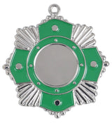 Thumbnail for Unsere Medaillen Solingen 65 mm ist eine grün-silberne Medaille aus hochwertigen Materialien mit runder Mitte. Ihr exklusives Design zeigt ein Vier-Punkte-Muster, das mit runden dekorativen Elementen geschmückt ist.