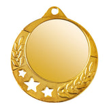 Goldfarbene runde Medaille mit leerer Mitte, drei ausgestanzten Sternen und geprägten Lorbeerzweigen am Rand. Medaillen Velbert 70 mm von POMEKI.