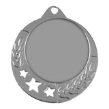 Thumbnail for Das Medaillen Velbert 70 mm verfügt über eine leere, runde Mitte, die mit drei Sternen und komplizierten Blattmustern am Rand verziert ist, was sein exklusives, aus hochwertigem Material gefertigtes Design hervorhebt.