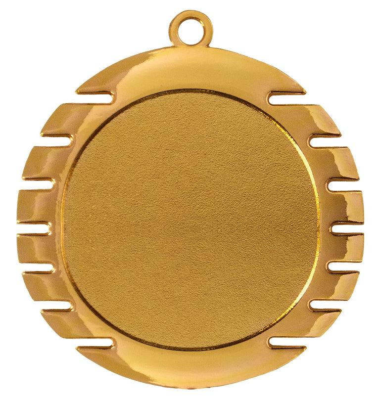 Eine schlichte Goldmedaille mit runder Mitte und geriffeltem Muster am Rand. Sie weist ein exklusives Design auf und hat oben eine kleine Schlaufe zum Befestigen eines Bandes. Bei diesem Produkt handelt es sich um die Medaillen Marl 70 mm