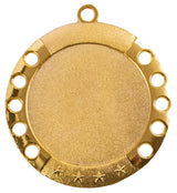Goldfarbene runde Medaille mit leerer Mitte, zehn runden Löchern am Rand und vier Sternen an der Unterseite. Medaillen Ulm 70 mm von POMEKI.
