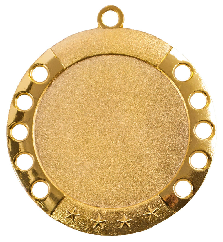 Goldfarbene runde Medaille mit leerer Mitte, zehn runden Löchern am Rand und vier Sternen an der Unterseite. Medaillen Ulm 70 mm von POMEKI.