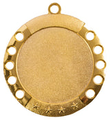 Thumbnail for Goldmedaille mit strukturierter leerer Mitte, runden Aussparungen am Rand und vier Sternen an der Unterseite. Medaillen Ulm 70 mm von POMEKI.