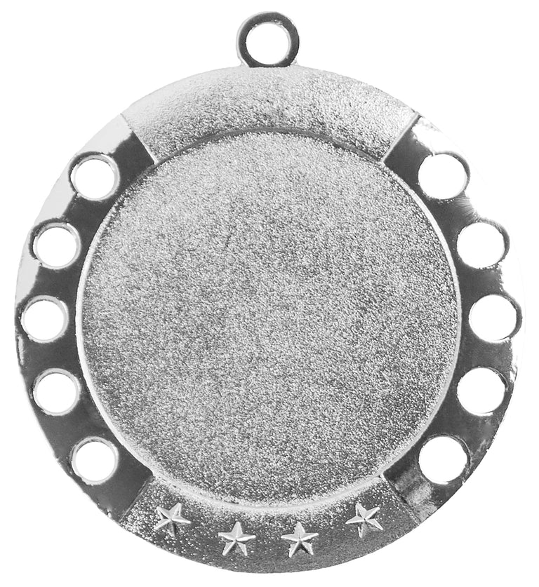 Silberne Medaille mit strukturierter leerer Mitte, runden Löchern am Rand, vier Sternen unten und Öse oben. Medaillen Ulm 70 mm von POMEKI.