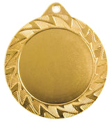 Goldfarbene runde Medaille mit leerer Mitte und gezacktem, schraffiertem Zickzackmuster am Rand. Medaillen Würzburg 70 mm von POMEKI.