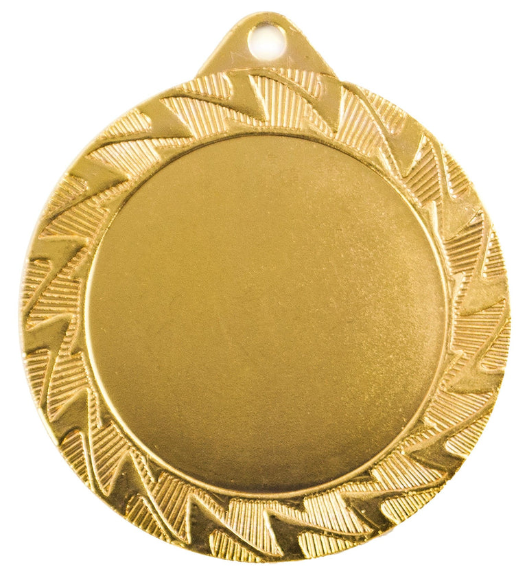 Goldfarbene runde Medaille mit leerer Mitte und gezacktem, schraffiertem Zickzackmuster am Rand. Medaillen Würzburg 70 mm von POMEKI.