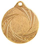 Thumbnail for Die Medaillen Iserlohn 50 mm sind eine runde Goldmedaille mit glatter, strukturierter Mitte und wirbelnden, eingravierten Mustern am Rand. Sie verfügen über ein kleines Loch an der Oberseite zur Befestigung. Diese Medaillen weisen ein exklusives Design auf und sind damit ein herausragendes Stück in jeder Sammlung.