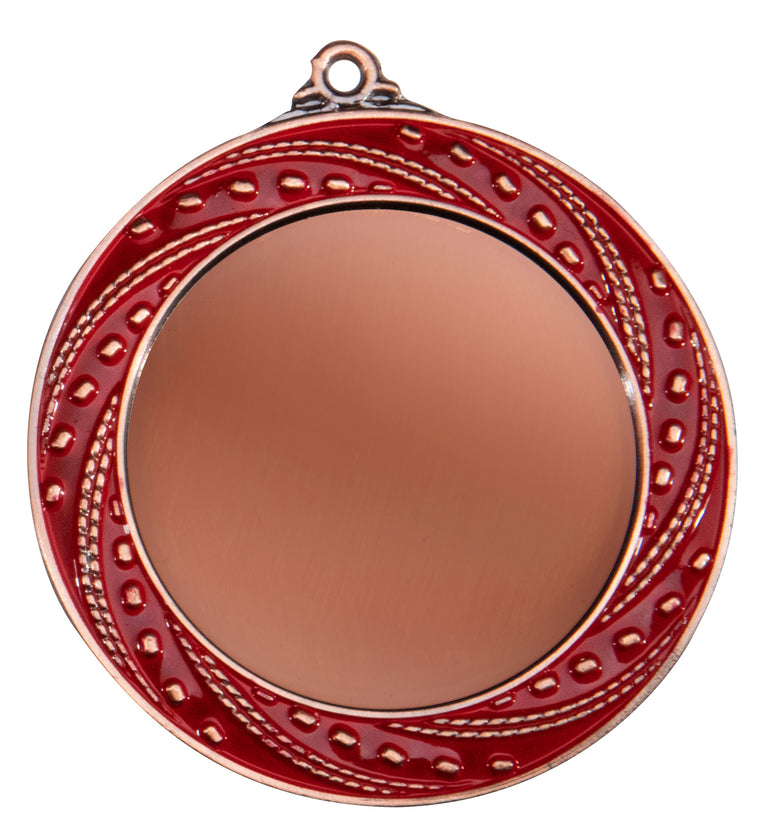 Bronzefarbene Medaille mit rot emailliertem Zierring und leerer runder Mitte, kleine Öse oben. Medaillen Bonn 70 mm von POMEKI.