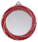 Thumbnail for Silberfarbene Medaille mit rot emailliertem Zierring, gepunkteter Verzierung und leerer runder Mitte, Öse oben. Medaillen Bonn 70 mm von POMEKI.