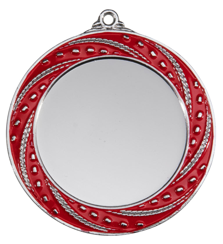 Silberfarbene Medaille mit rot emailliertem Zierring, gepunkteter Verzierung und leerer runder Mitte, Öse oben. Medaillen Bonn 70 mm von POMEKI.
