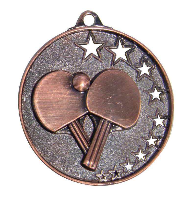 Bronzene Tischtennis Medaillen Freiburg 50 mm mit Schlägerprägung und Sternumrandung von POMEKI.